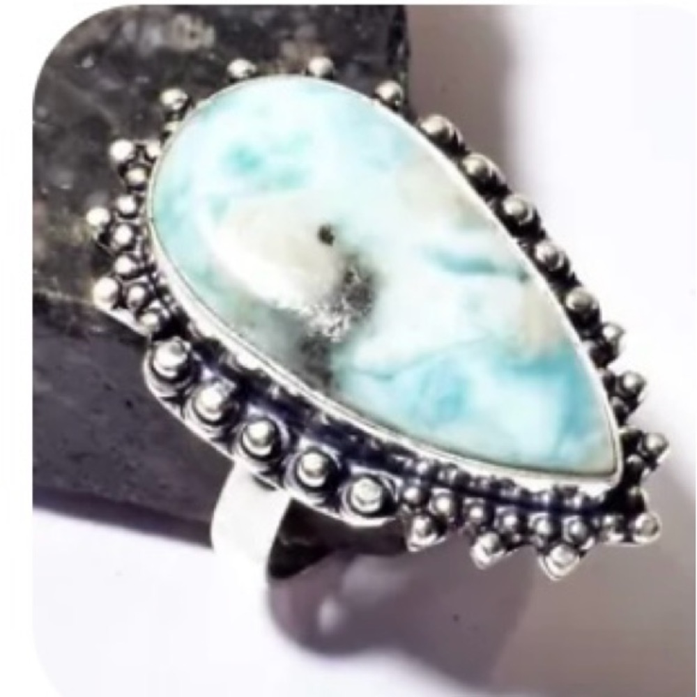 Larimar ethnic handmade stone and silver ring. Size 9.25